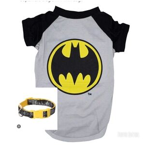 DC Comics Black and Gray Batman Dog Tee & Collar Bundle Set. Both NWT. Medium.